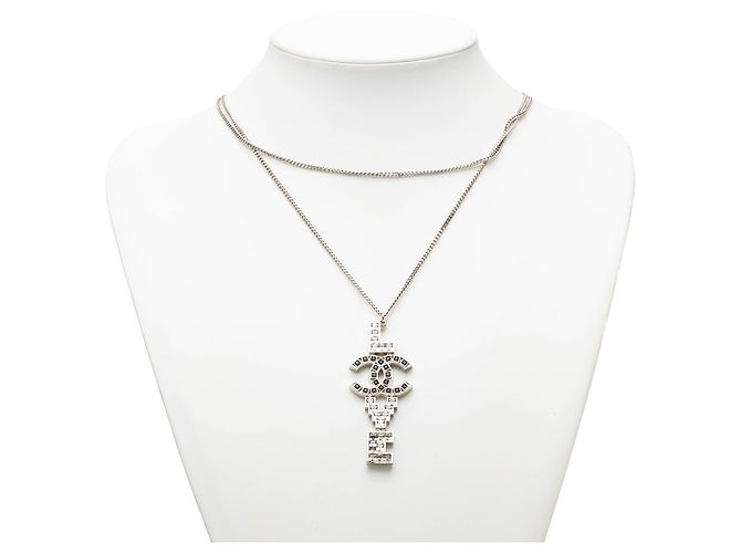 Collana a doppia catena Chanel Silver CC in ottone e strass con pendente Love - vista 6