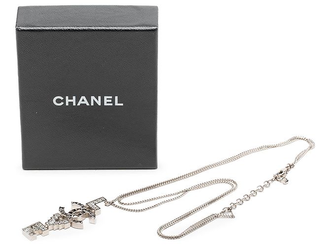 Collana a doppia catena Chanel Silver CC in ottone e strass con pendente Love - vista 7