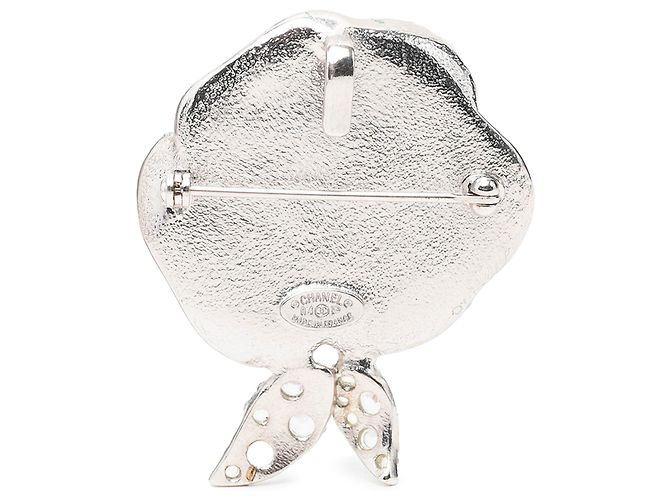Chanel Silver CC Brosche aus emailliertem Messing Strass Camélia - Ansicht 2