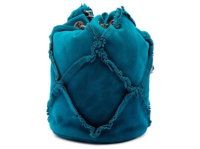 Borsa bucket Chanel Blue CC in camoscio con frange e coulisse - vista 2