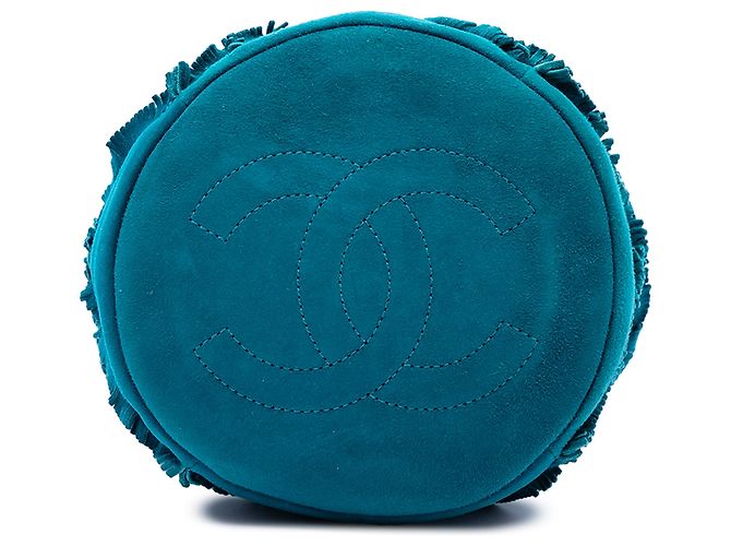 Borsa bucket Chanel Blue CC in camoscio con frange e coulisse - vista 3