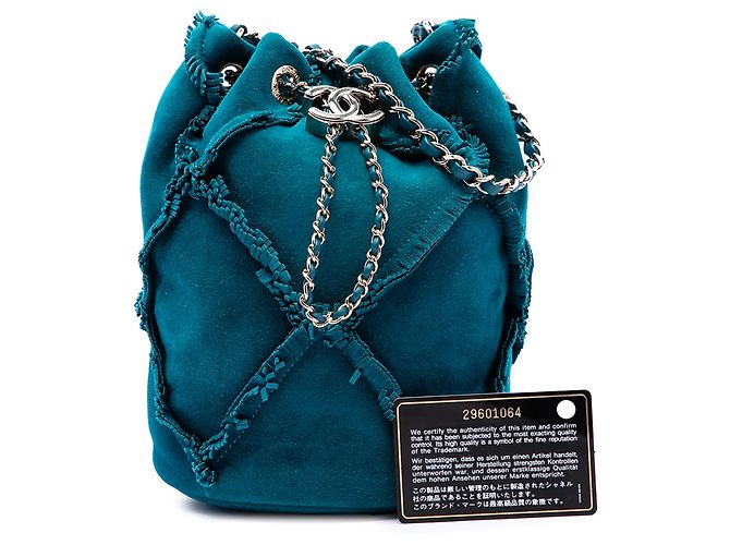 Borsa bucket Chanel Blue CC in camoscio con frange e coulisse - vista 7