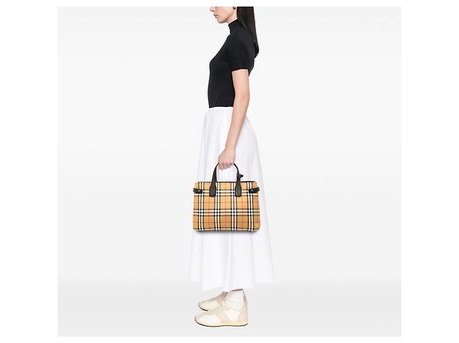 Borsa Satchel Banner Burberry Beige Medium House Check Canvas - vista 6