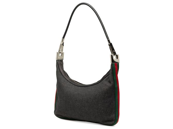 Borsa a tracolla Gucci in denim nero con banda Web - vista 2