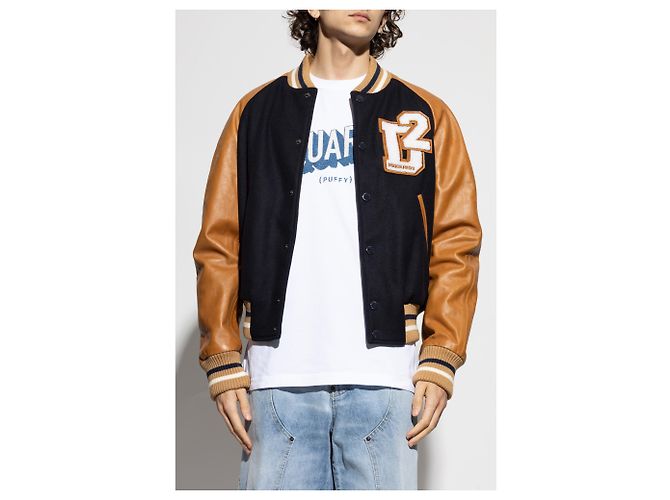 Dsquared2 Navy Blue Wool and Leather Bomber Jacket - view 3