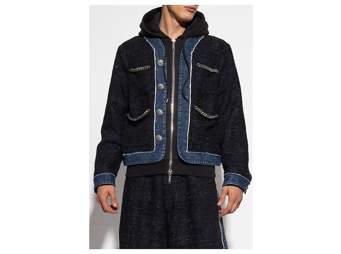 Giacca con cappuccio Dsquared2 in tweed e denim blu navy - vista 3