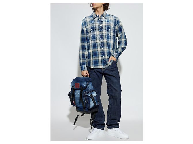 Camicia Dsquared2 in cotone blu a quadri con applicazioni - vista 2