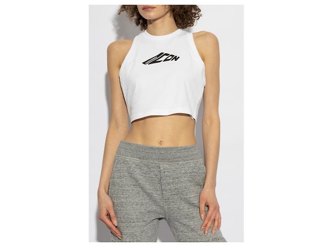 Crop top bianco senza maniche in cotone Dsquared2 con logo - vista 3