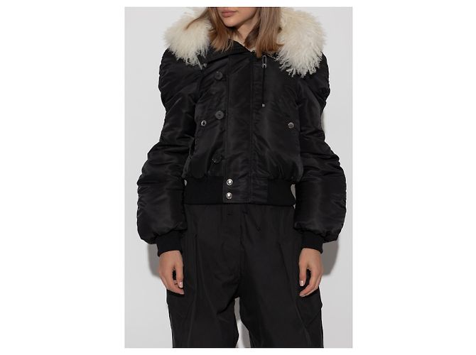 Alexander McQueen Bomberjacke Schwarz mit Pelzkapuze - Ansicht 3