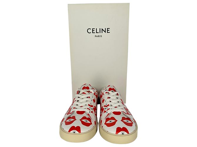 Céline Sneakers Celine Eye-Print in pelle bianca e rossa - vista 4