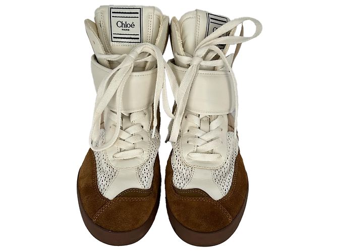 Sneakers alte Chloé Kick in camoscio marrone e bianco - vista 2