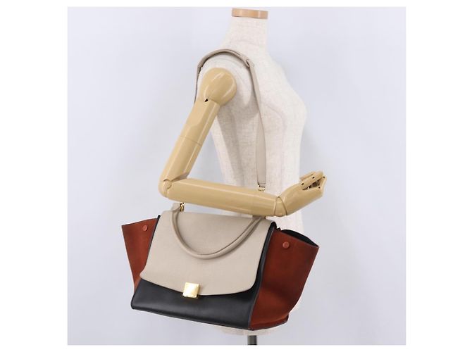 Trapèze Céline CELINE Trapeze Hand Bag Leather 2way Beige Gold - vista 33