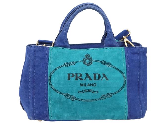 PRADA Canapa PM Hand Bag Canvas 2way Blue Gold Tone - vista 13