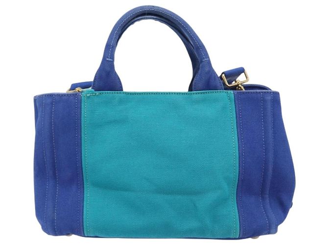 PRADA Canapa PM Hand Bag Canvas 2way Blue Gold Tone - vista 2
