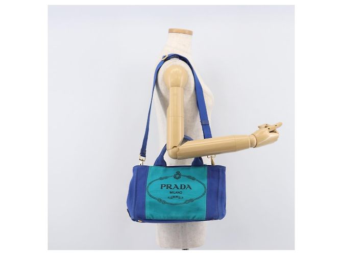 PRADA Canapa PM Hand Bag Canvas 2way Blue Gold Tone - vista 28