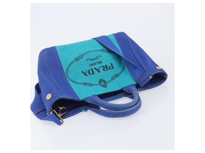 PRADA Canapa PM Hand Bag Canvas 2way Blue Gold Tone - vista 6
