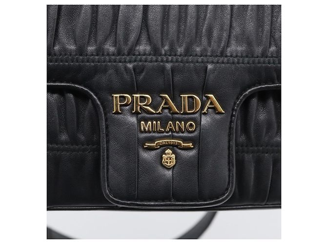 PRADA Gathered Chain Shoulder Bag Leather Black Gold Tone - vista 14