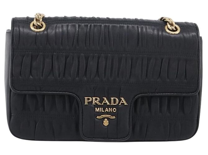 PRADA Gathered Chain Shoulder Bag Leather Black Gold Tone - vista 2