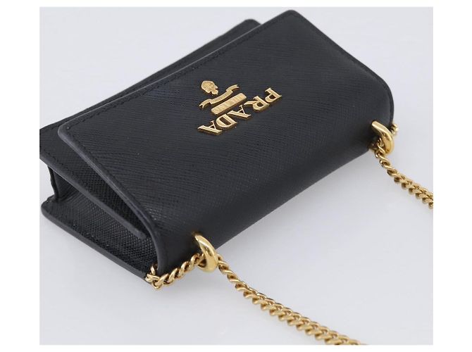 PRADA Chain Shoulder Bag Safiano Leather Black Gold - vista 6