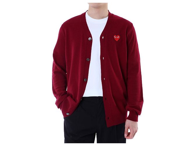 Comme Des Garcons V-Ausschnitt Strickcardigan aus Wolle mit rotem Herz-Patch - Ansicht 16