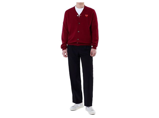 Comme Des Garcons V-Ausschnitt Strickcardigan aus Wolle mit rotem Herz-Patch - Ansicht 3