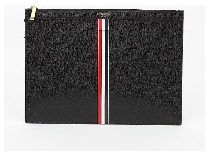 Thom Browne Clutch Medium Three Stripes in pelle martellata Nero - vista 2