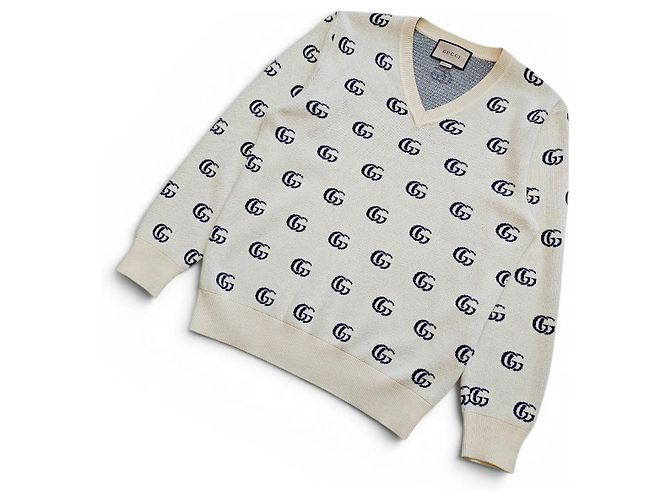 Gucci Jacquard-Strickpullover mit V-Ausschnitt für Herren, Farbe Ivory - Ansicht 2