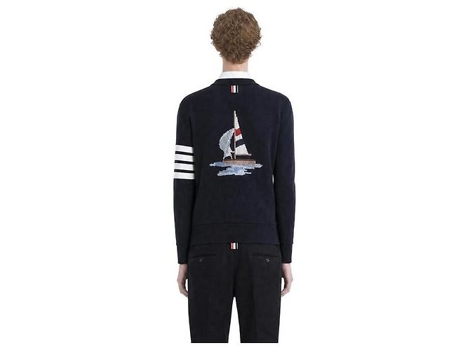Thom Browne Cardigan ricamato Loop Back Bar Navy - vista 5