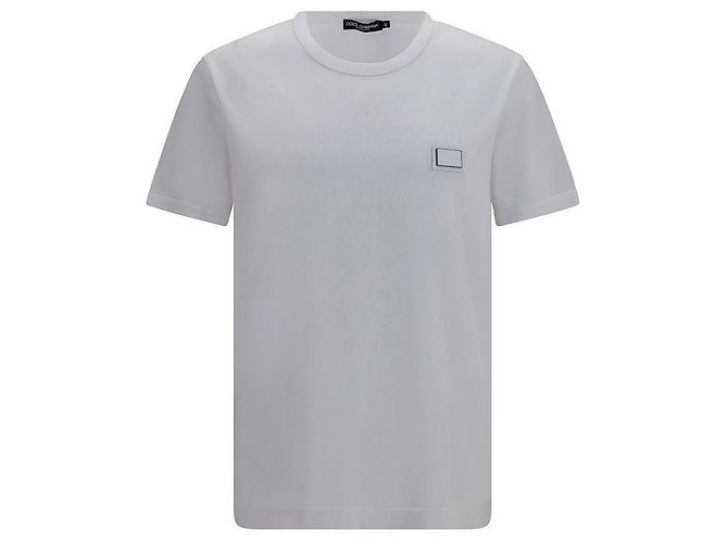 Dolce & Gabbana Rundhals T-Shirt mit Logo-Plaketten-Patch (White) - Ansicht 7