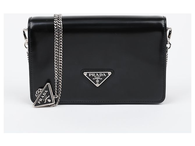Prada Borsa a tracolla con catena in pelle spazzolata con logo Triangle Nero - vista 2