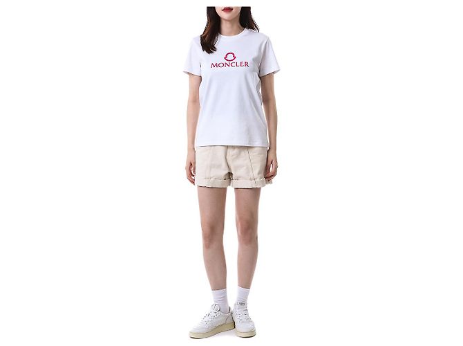 Moncler T-Shirt für Damen mit rosa Gummi-Logo-Patch - Ansicht 2