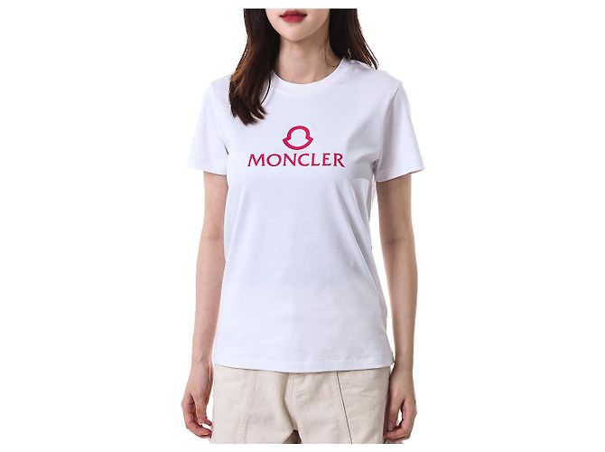 Moncler T-Shirt für Damen mit rosa Gummi-Logo-Patch - Ansicht 3