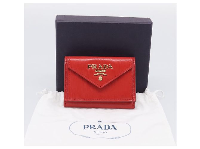 PRADA Trifold Wallet Leather Red Gold Tone Auth 212128M - Jerrillo - vista 12