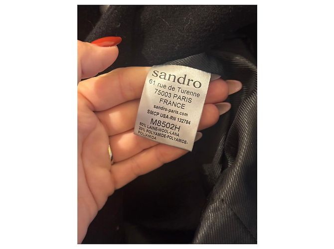 Sandro schwarzer Wollmantel mit Lederdetails - Ansicht 4