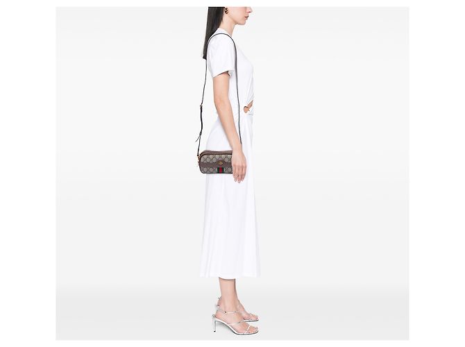 Gucci Mini Sac Crossbody Ophidia Triple Zip en GG Supreme Beige et Web - vue 6