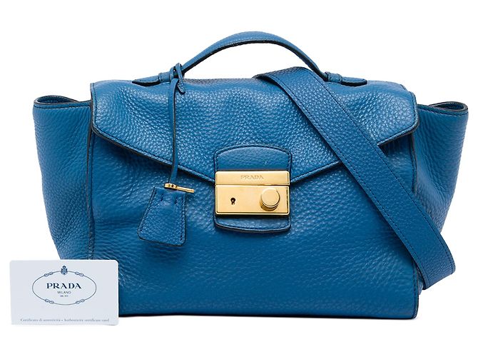 Borsa Satchel Prada Blue Vitello Daino Sound Lock - vista 6