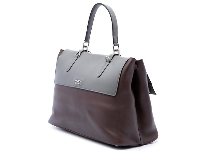 Borsa Satchel Prada Brown Large Bicolor City Calf Double Flap - vista 2