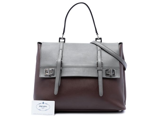 Borsa Satchel Prada Brown Large Bicolor City Calf Double Flap - vista 7