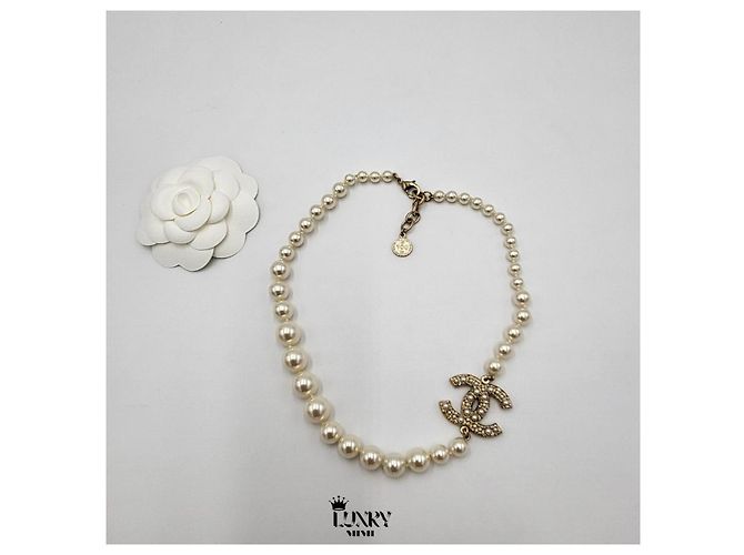 Chanel Collana Anniversary CC Logo Gold Crystal Pearl - vista 15