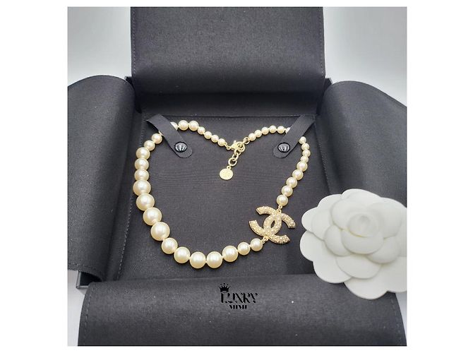 Chanel Collana Anniversary CC Logo Gold Crystal Pearl - vista 6