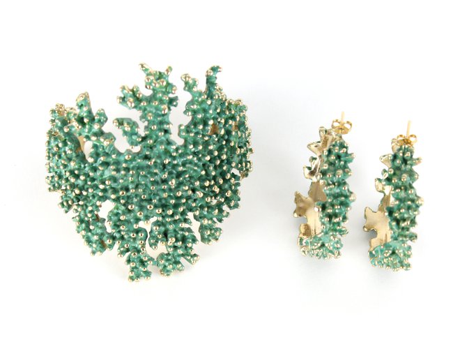 inconnue Parure bracelet + boucles d'oreilles en forme de branche de corail Métal Bleu Doré Vert  ref.5274