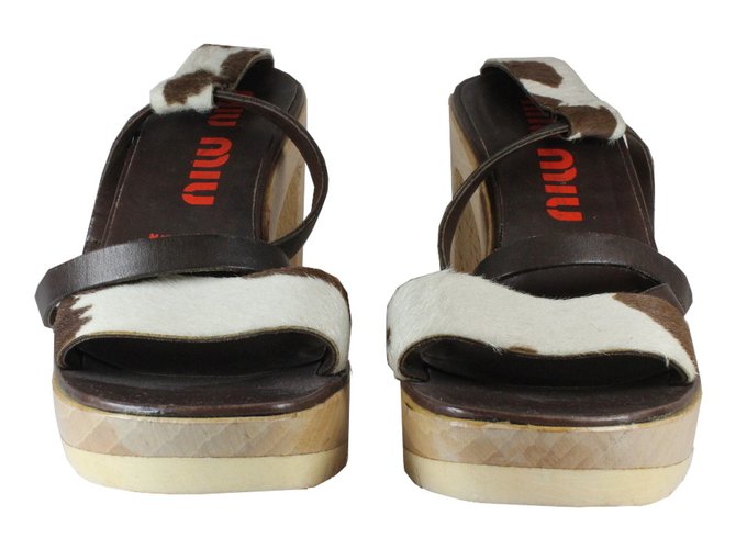 Miu Miu sandali Marrone Bianco Pelle Legno  ref.5296