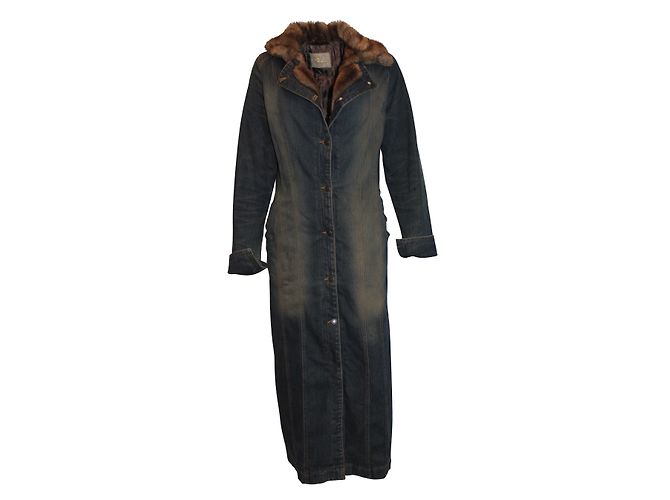 Used Jeans Giacca lunga in denim blu con revers in pelliccia
