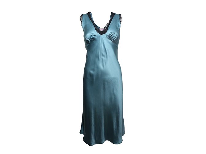 Vestido Maje de seda azul turquesa satinado y encaje negro