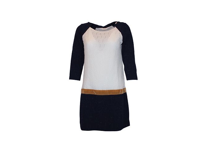 Bash Kleid aus Spitze Tweed und Samt Weiß Blau Karamell