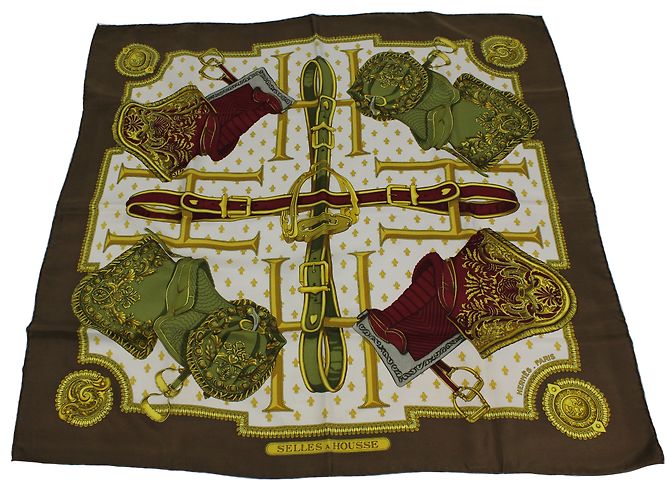 Hermès Schals Braun Grün Bordeaux Gelb Seide
