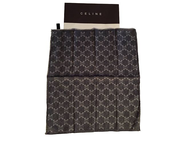 Sciarpa Quadrata Céline Logo Blu Navy Cotone e Seta 