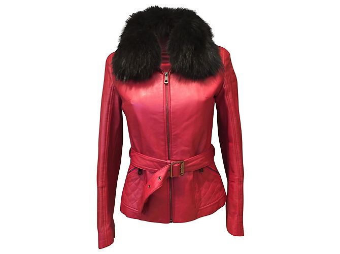 Autre Marque Intuition rote Lederjacke mit abnehmbarem Pelzkragen