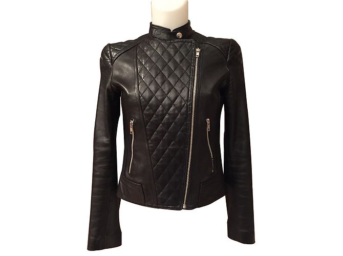 Autre Marque Aqua Leather Quilted Biker Jacket Black Size 38