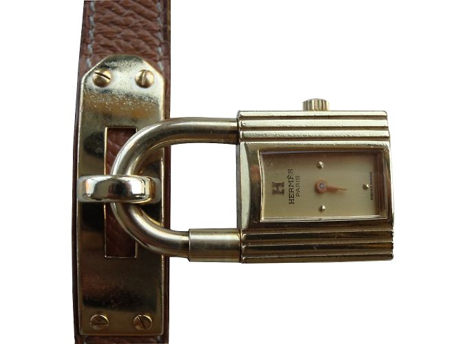 Relógio Hermès Kelly Caixa de Cadeado Ouro Couro Barenia Marrom 